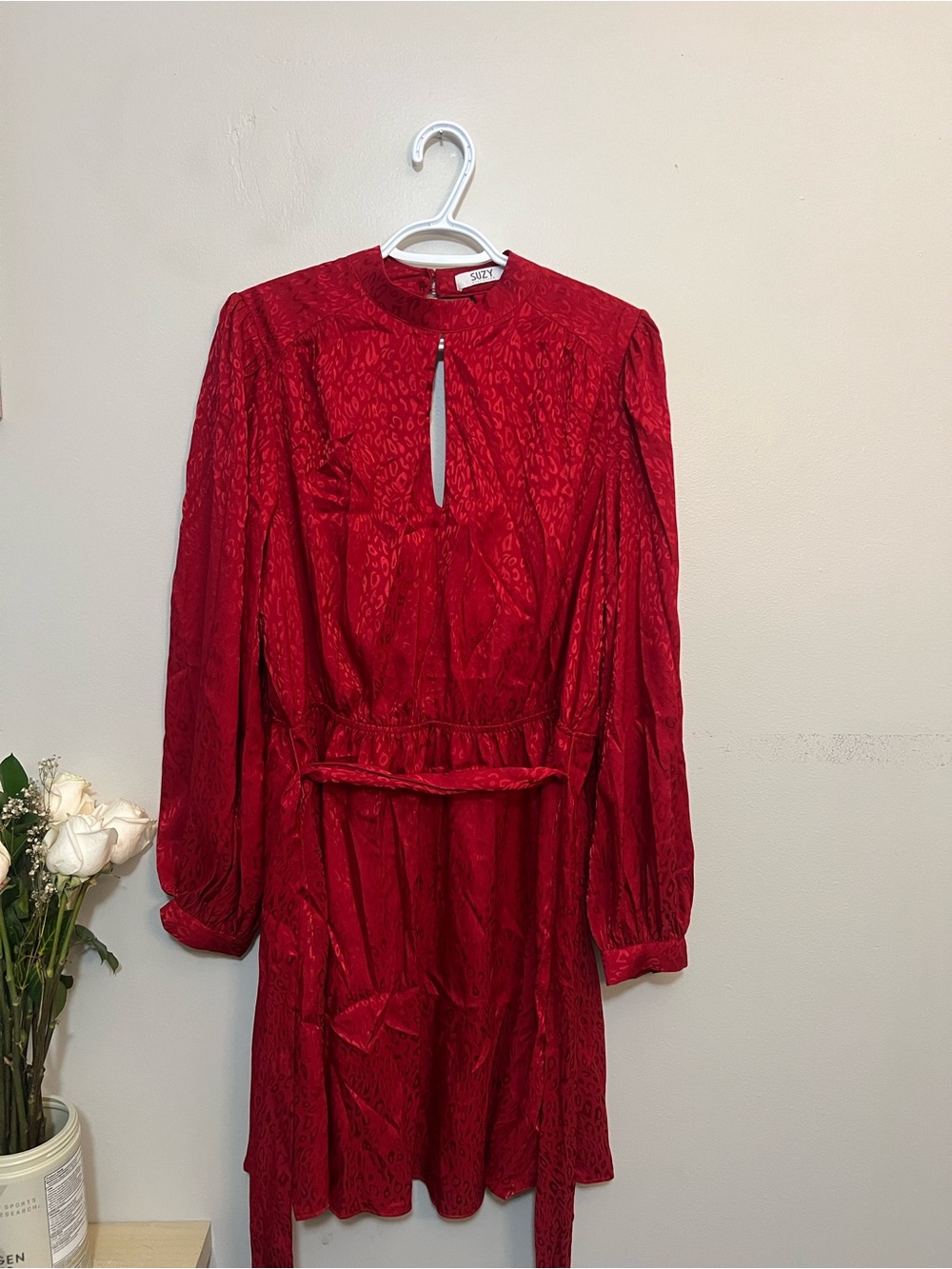 Red Long-Sleeve Midi Dress with Waist Tie